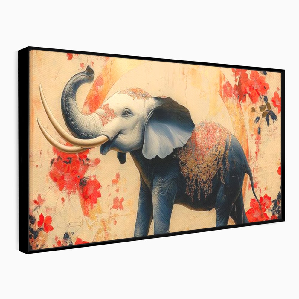 Tablou canvas cu tablou canvas cu elefant albastru, in rama de aluminiu negru